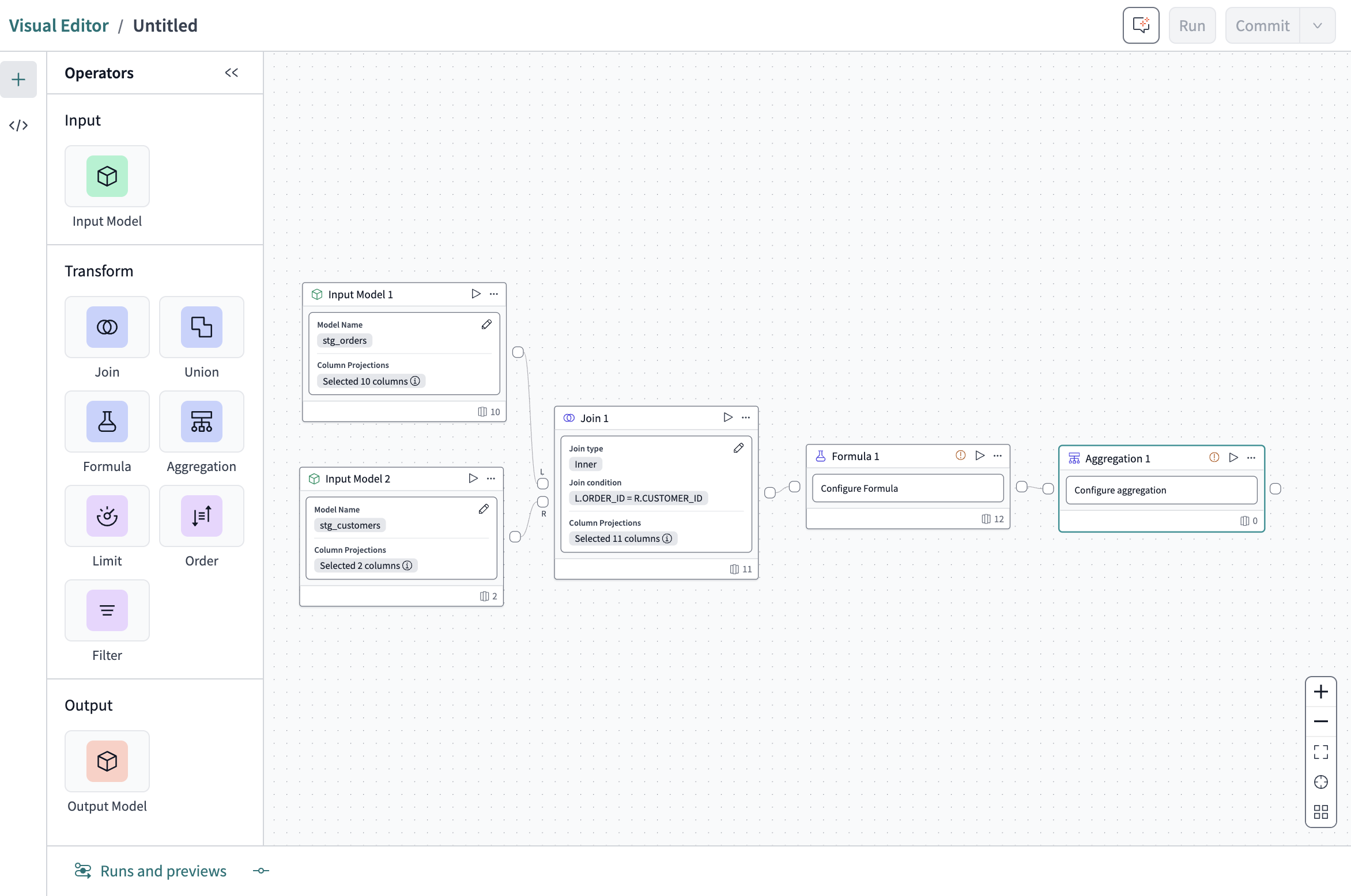 Create or edit dbt models with the Visual editor, enabling everyone to develop with dbt through a drag-and-drop experience inside of dbt Cloud.