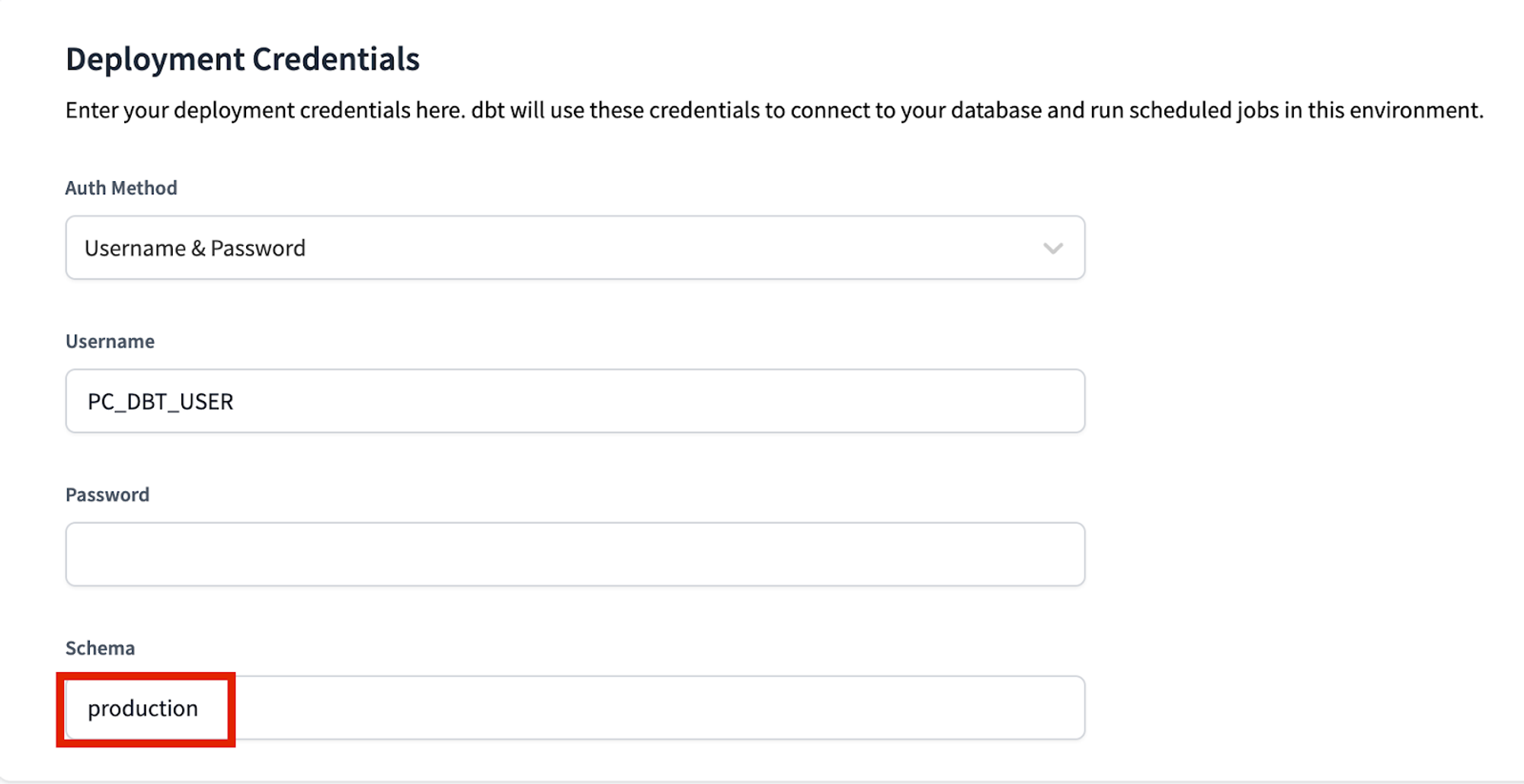 Update the deployment credentials schema to production